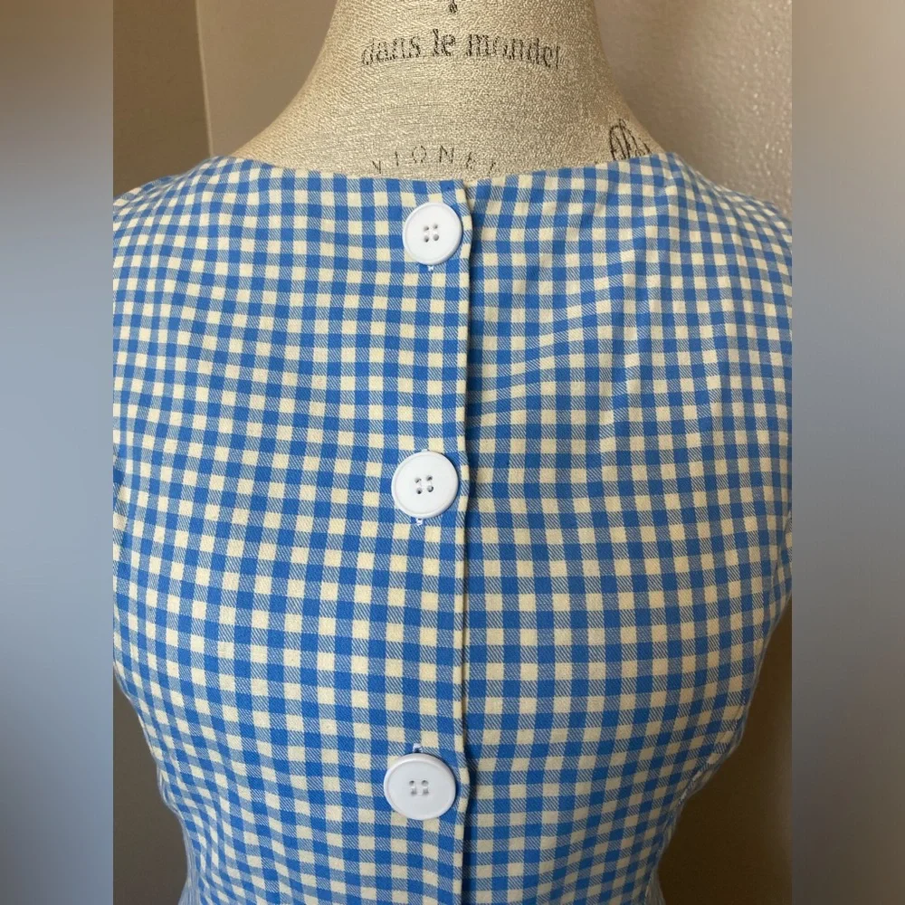 Blue and White Boat Neck Gingham Mini Dress - Picture 3 of 4